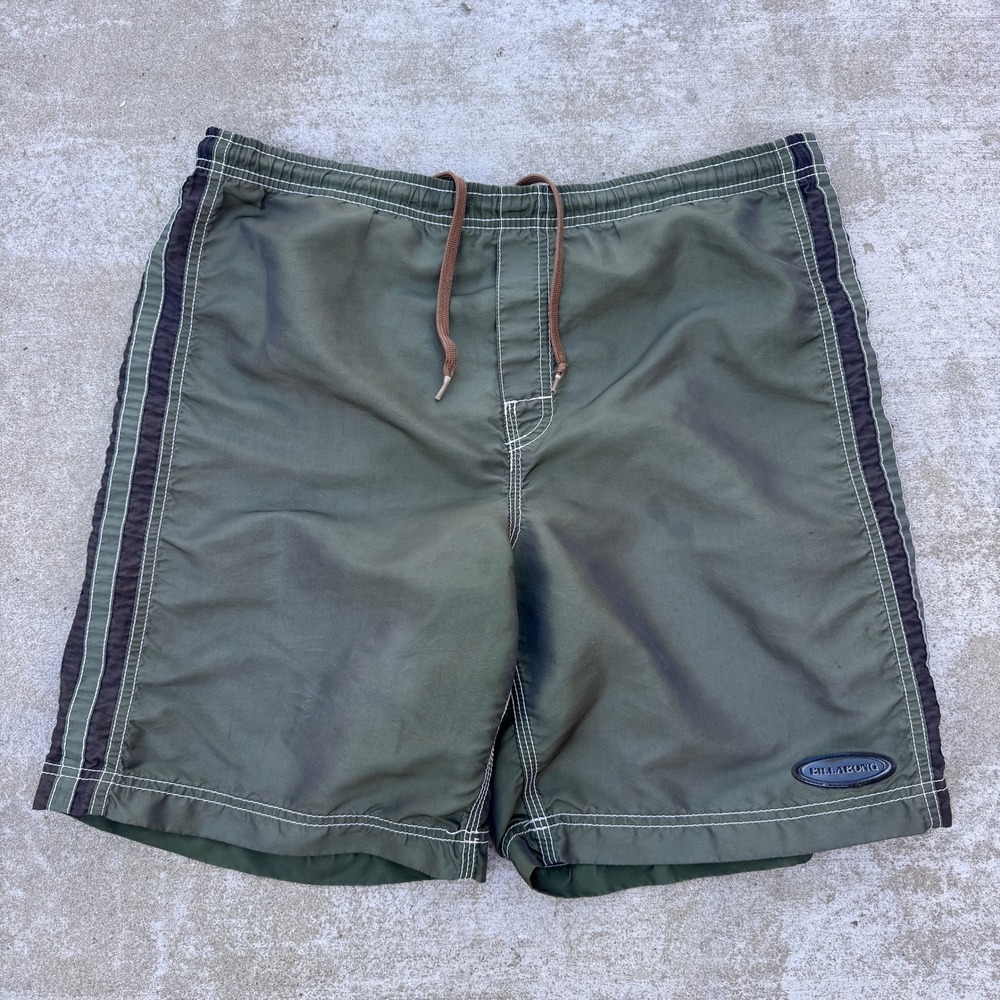 Vintage Billabong Mens Olive Green Board Shorts Side Stripe Swim Trunks Size 34